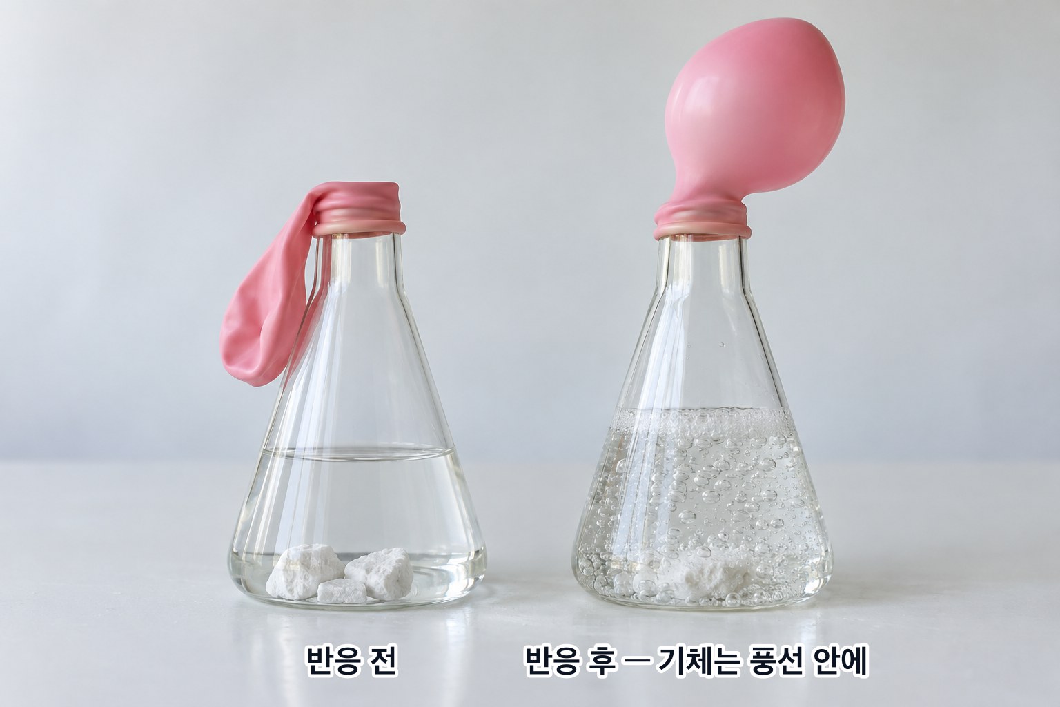 풍선을 씌운 플라스크 — 탄산 칼슘과 묽은 염산이 반응해 생긴 이산화 탄소가 풍선 안에 갇혀, 밀폐한 채로 재면 반응 앞뒤의 질량이 같다