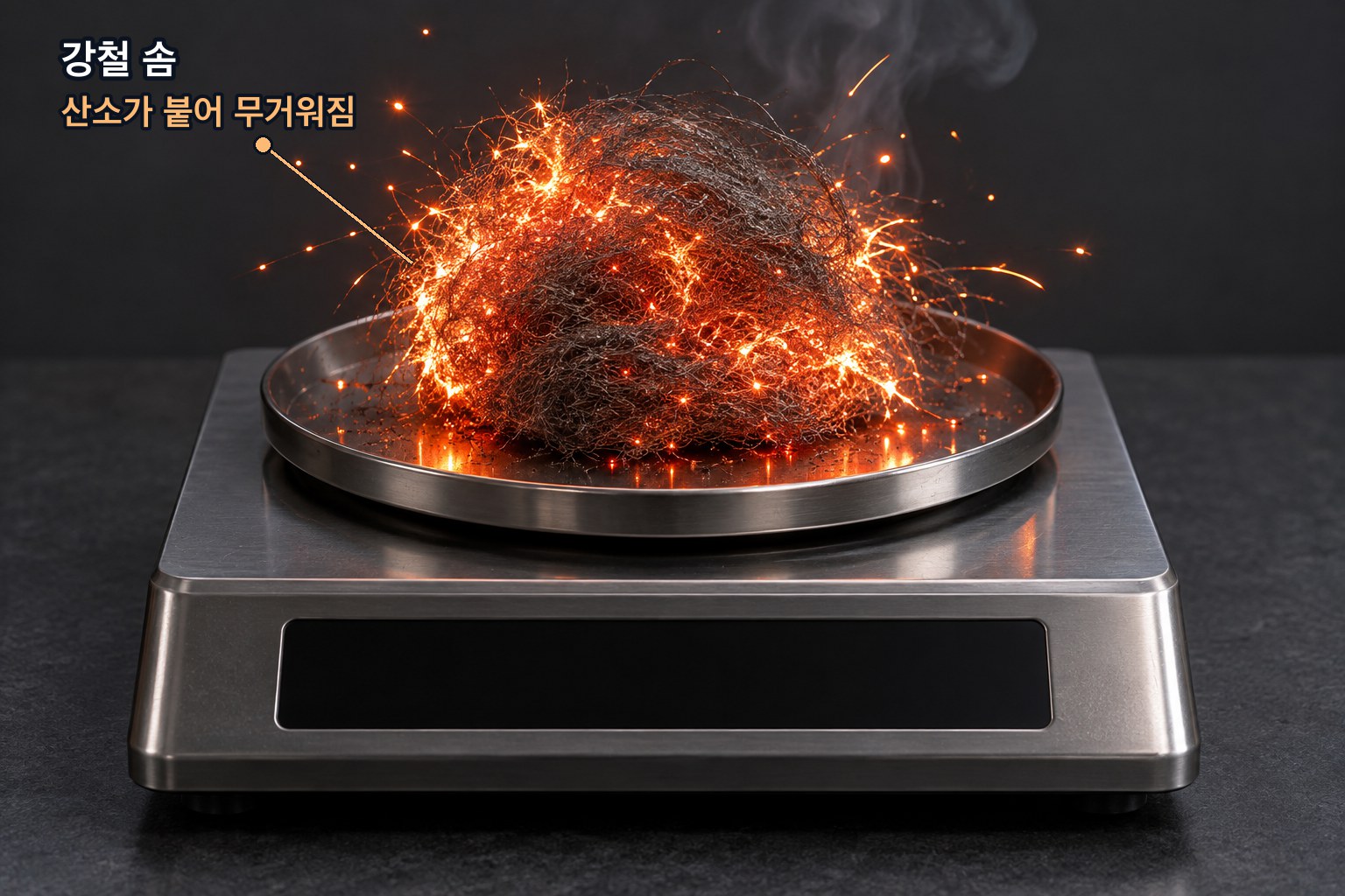 저울 위에서 타는 강철 솜 — 철이 공기 속 산소와 결합해 산화 철이 되면서 붙은 산소만큼 무거워진다