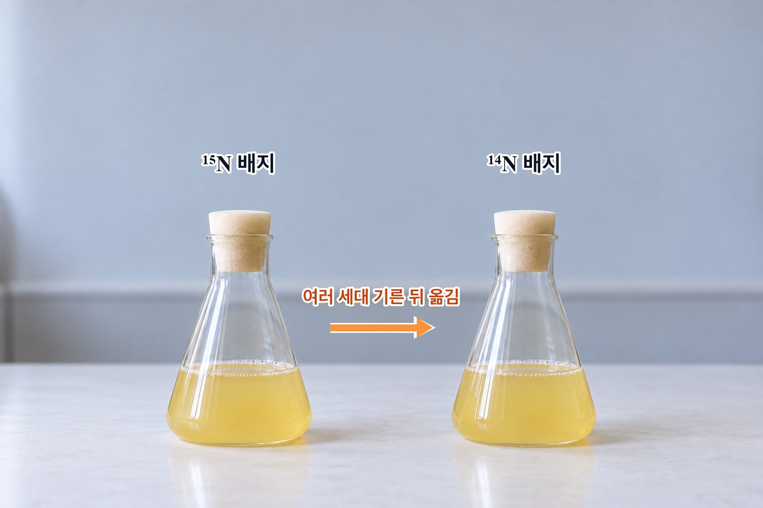 무거운 질소 ¹⁵N 배지에서 여러 세대 기른 대장균을 보통의 ¹⁴N 배지로 옮긴다 — 뿌연 배양액이 든 삼각 플라스크 둘