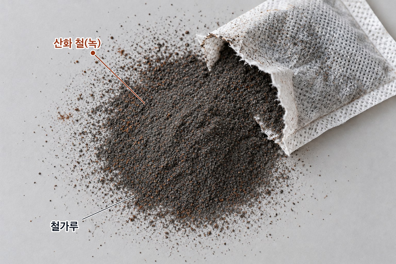 뜯어 연 손난로 — 쏟아져 나온 회색 철가루 사이에 녹슨 갈색 알갱이(산화 철)가 섞여 있다. 철이 공기 중의 산소와 결합해 산화 철이 되는 반응이 손난로의 열이다