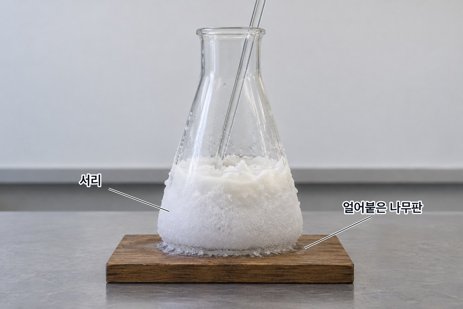 수산화 바륨과 염화 암모늄을 섞은 삼각 플라스크 — 플라스크 바깥에 서리가 끼고, 바닥에 물을 묻혀 둔 나무판이 얼어붙어 있다. 반응이 주위의 열을 흡수해 온도가 어는점 아래로 내려간 것이다