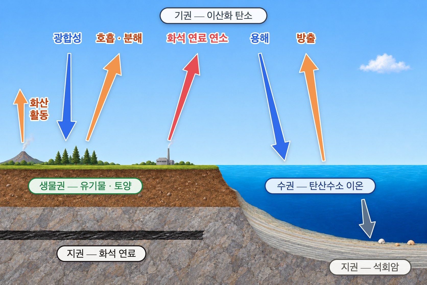 탄소 순환 — 기권의 이산화 탄소가 광합성과 용해로 생물권과 수권에 들어가고, 호흡·분해·화산 활동·화석 연료 연소로 기권에 되돌아오며, 바다의 탄소는 석회암이 되어 지권에 쌓인다