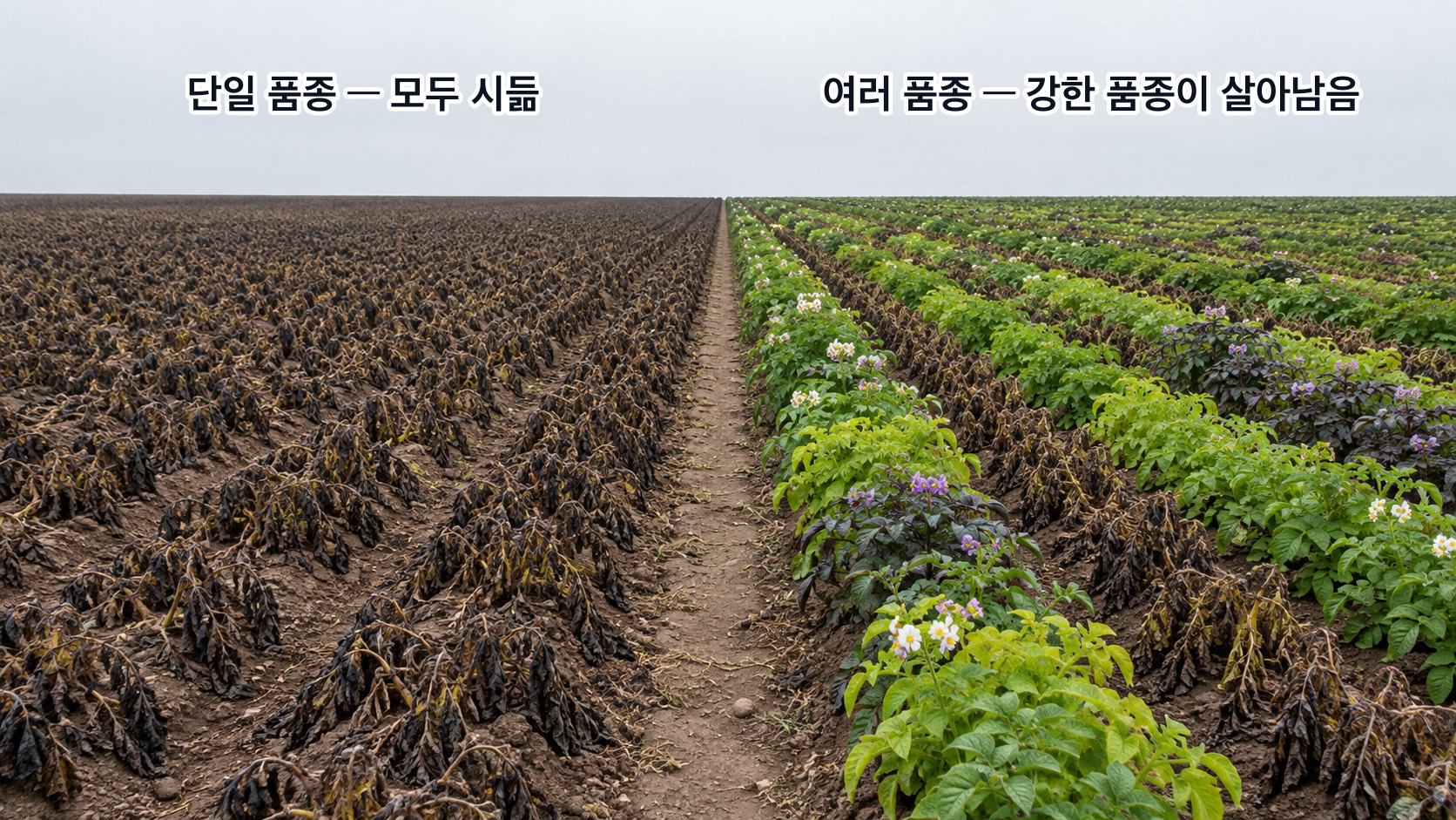 병이 돌 때 단일 품종 밭과 여러 품종 밭의 차이 — 유전적으로 같은 밭은 한 포기도 남지 않고 모두 시들지만, 품종이 섞인 밭에서는 병에 강한 품종이 살아남는다