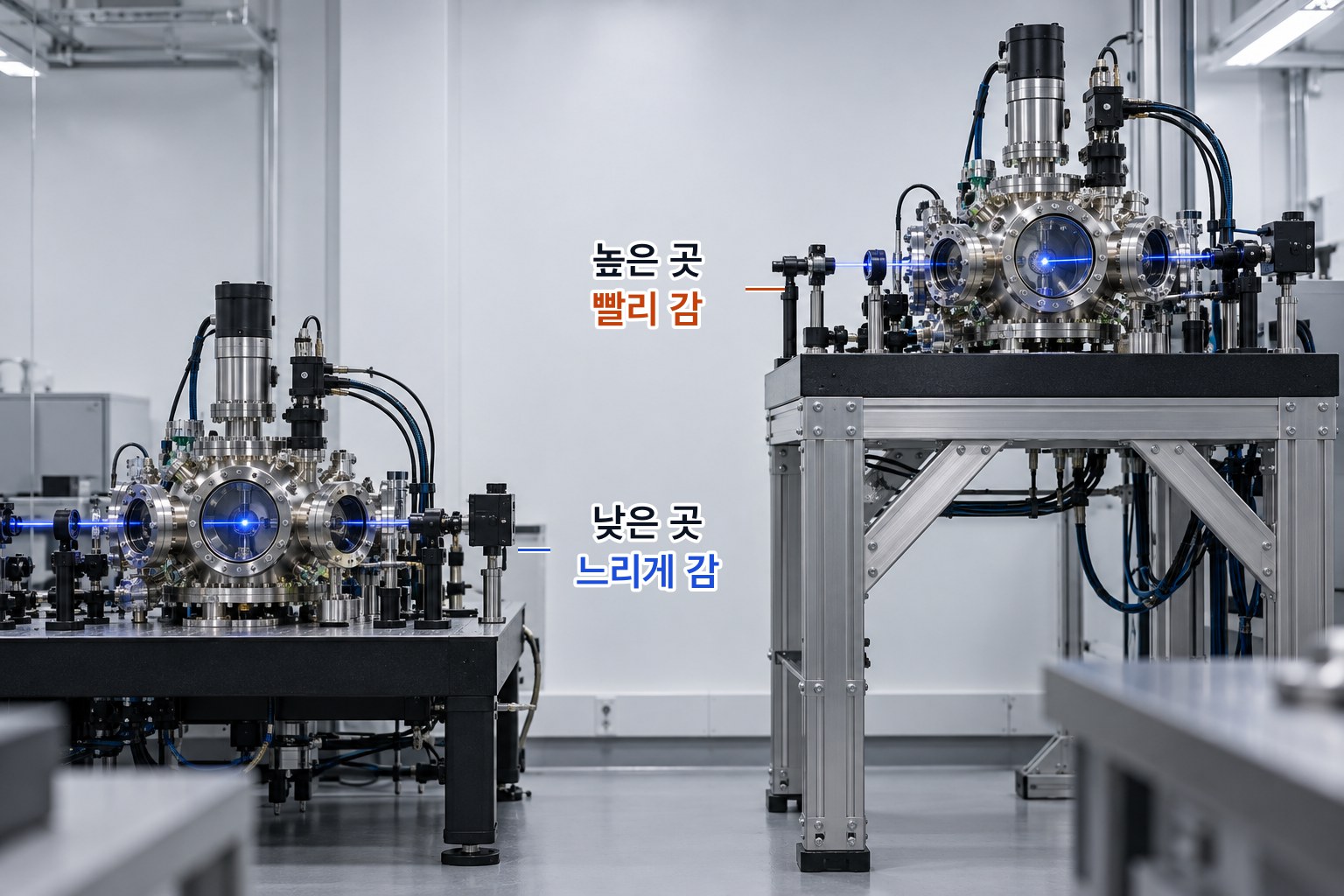 높이가 다른 두 원자시계 — 같은 원자시계라도 높은 단 위에 둔 시계가 낮은 탁자 위의 시계보다 조금 빨리 간다