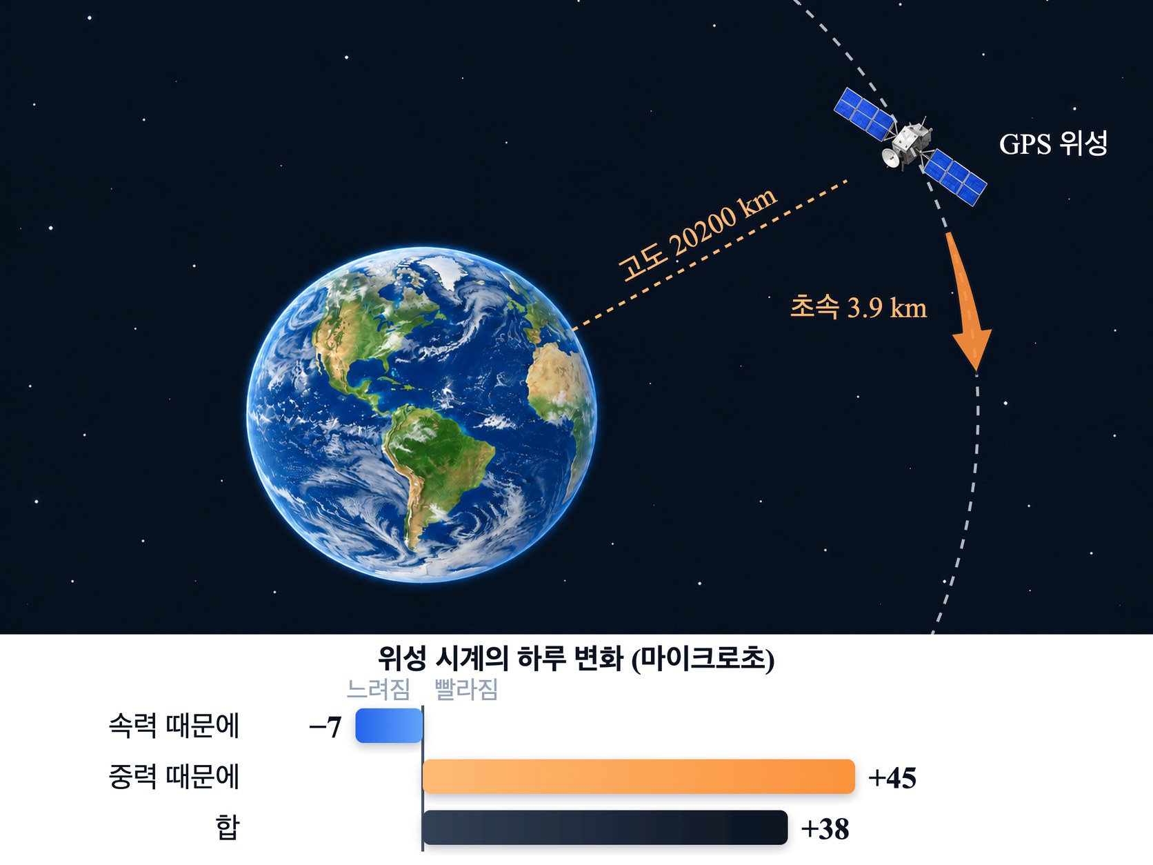 GPS 위성의 시계 — 고도 20200 km 에서 초속 3.9 km 로 도는 위성의 시계는 속력 때문에 하루 7마이크로초 느려지고 중력이 약해 45마이크로초 빨라져, 합쳐서 하루에 38마이크로초 빨리 간다