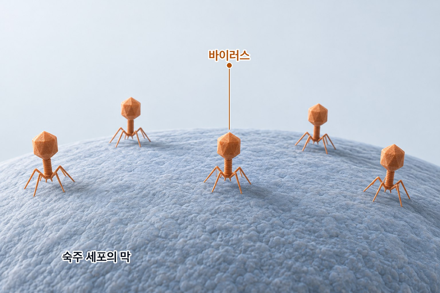바이러스가 숙주 세포의 막 위에 다리로 달라붙어 서 있는 모습 — 세포 표면에 내려앉은 바이러스 다섯이 머리와 자루와 다리를 갖추고 있고 세포 안으로 들어간 것은 아직 없다