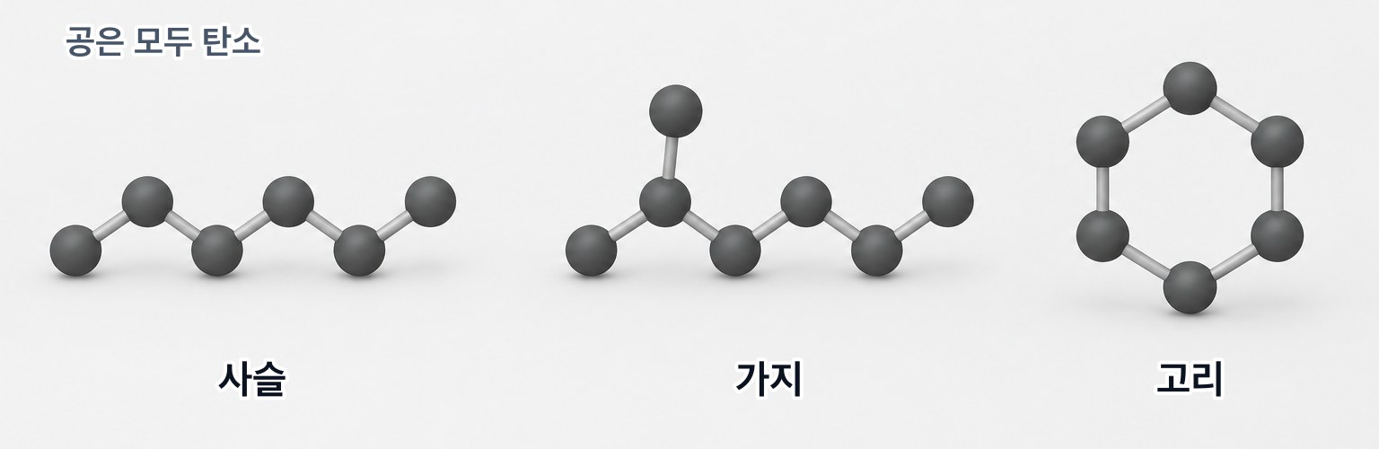 탄소 골격의 공 모형 세 가지 — 왼쪽은 지그재그로 이어진 사슬, 가운데는 위로 하나가 뻗어 나온 가지, 오른쪽은 여섯이 닫힌 고리이고 공은 모두 탄소다