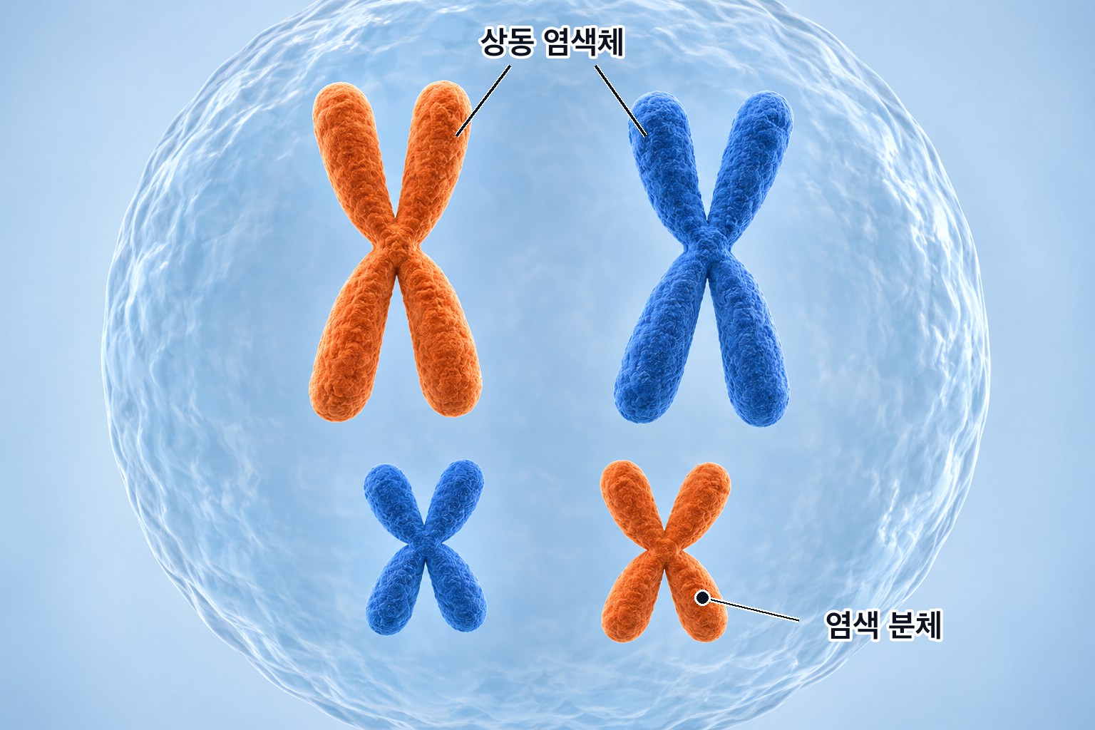 복제를 마친 염색체 네 개 — 모양과 크기가 같은 상동 염색체가 둘씩 짝을 이루고, 염색체마다 두 염색 분체가 가운데에 붙어 X 자 모양이다
