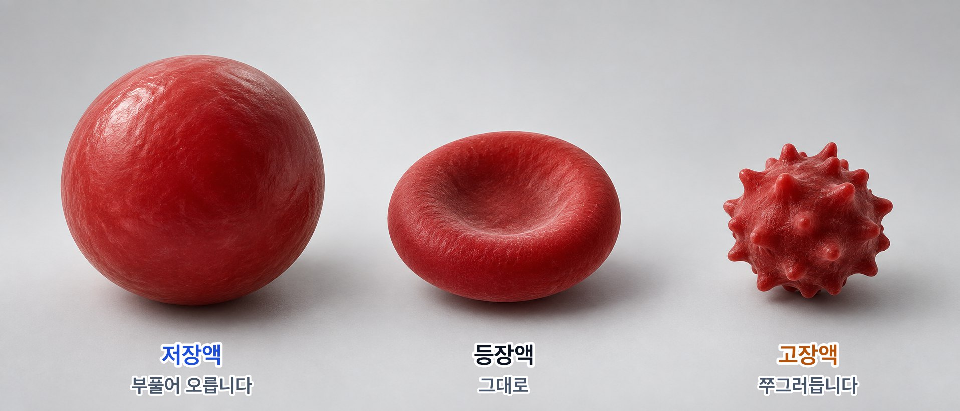 저장액·등장액·고장액에 넣은 적혈구 — 저장액에서는 물을 받아 공처럼 부풀고, 등장액에서는 가운데가 오목한 원반 모양 그대로이며, 고장액에서는 물을 잃고 쭈그러들어 가시가 돋은 모양이 된다