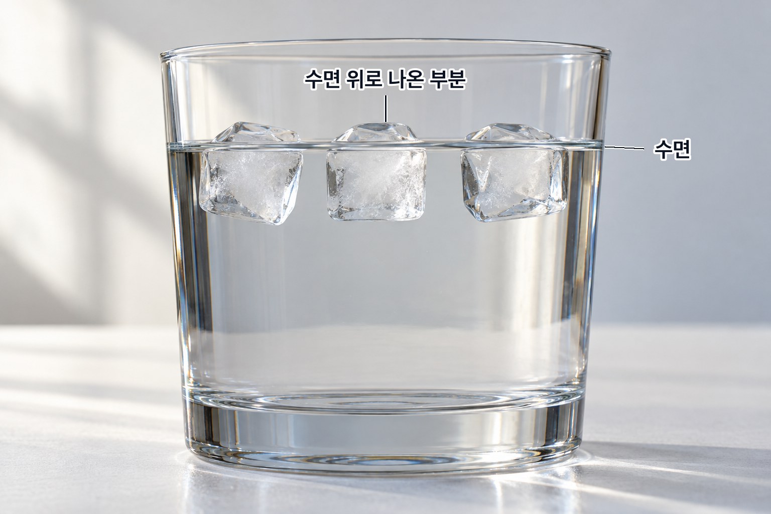 잔에 띄운 얼음 세 조각 — 얼음은 물보다 가벼워 대부분이 물속에 잠기고 윗부분만 수면 위로 나온 채 떠 있다