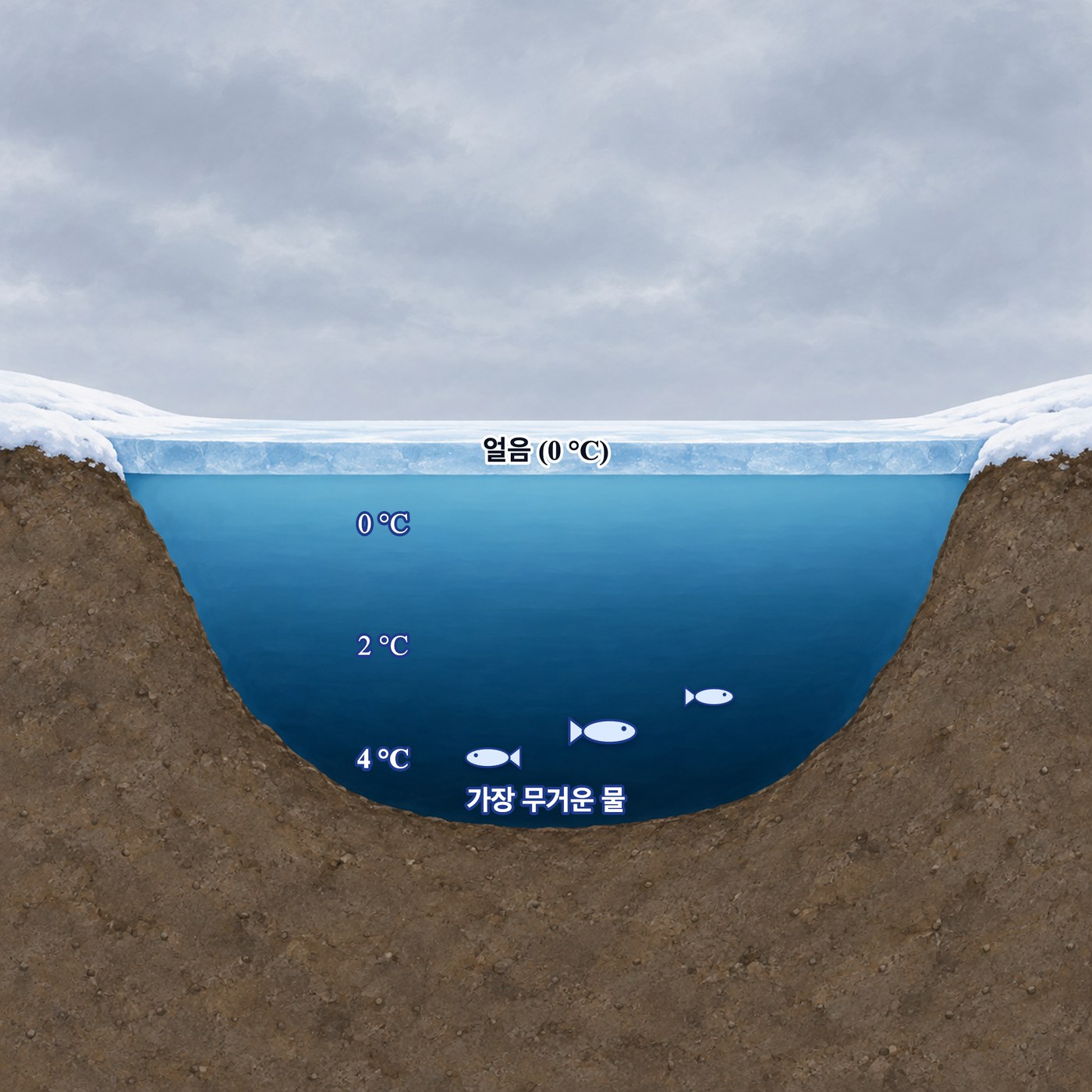 겨울 호수의 단면 — 표면에만 얼음이 덮이고 그 아래 물은 0 °C 에서 4 °C 로 내려가며, 바닥에 가장 무거운 4 °C 의 물이 고여 물고기가 겨울을 난다