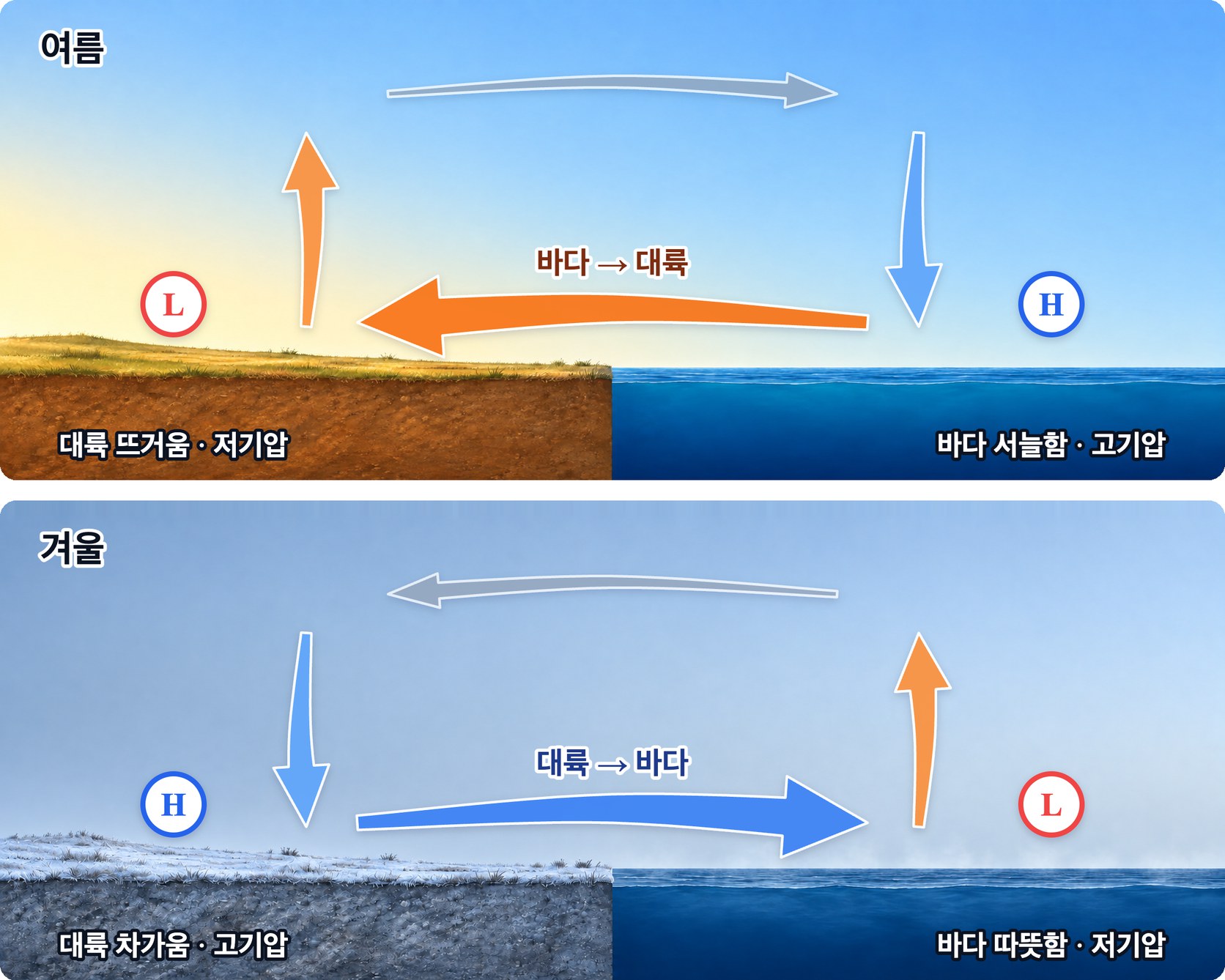 여름과 겨울의 대륙과 바다 — 여름에는 대륙이 더 뜨거워 저기압이 되고 바다에서 대륙으로 바람이 불며, 겨울에는 대륙이 더 차가워 고기압이 되고 대륙에서 바다로 바람이 분다