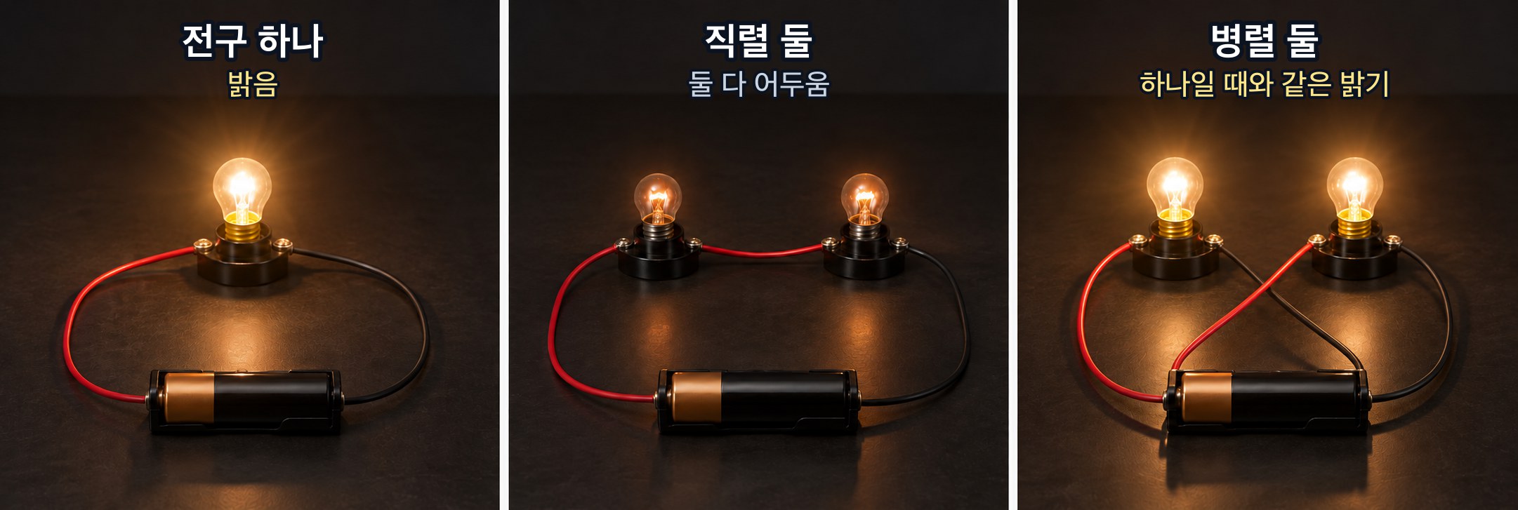 같은 전지에 같은 전구를 하나·직렬 둘·병렬 둘로 이었을 때의 밝기 — 직렬은 둘 다 어둡고, 병렬은 하나일 때와 똑같이 밝다