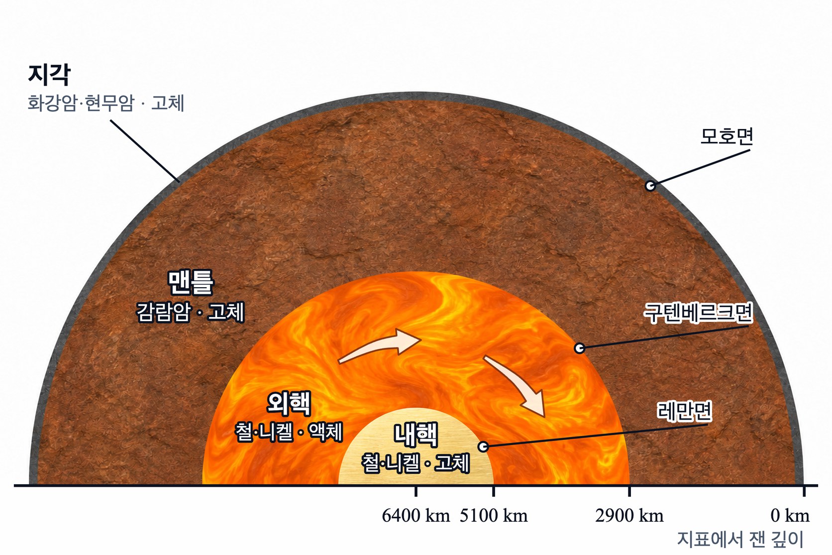 지구 내부 구조 반단면 — 겉에서부터 지각, 깊이 2900 km 까지의 맨틀, 5100 km 까지의 액체 외핵, 중심 6400 km 까지의 고체 내핵. 지각과 맨틀은 암석, 핵은 철과 니켈로 되어 있다