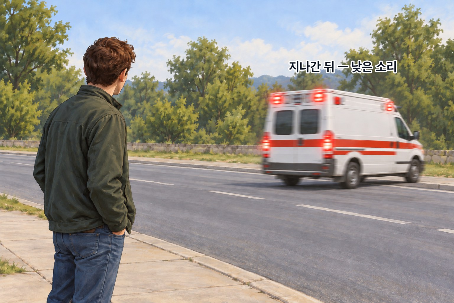 구급차가 지나간 뒤 — 뒤쪽에 선 관측자에게는 파면이 성기게 와서 낮은 소리로 들린다
