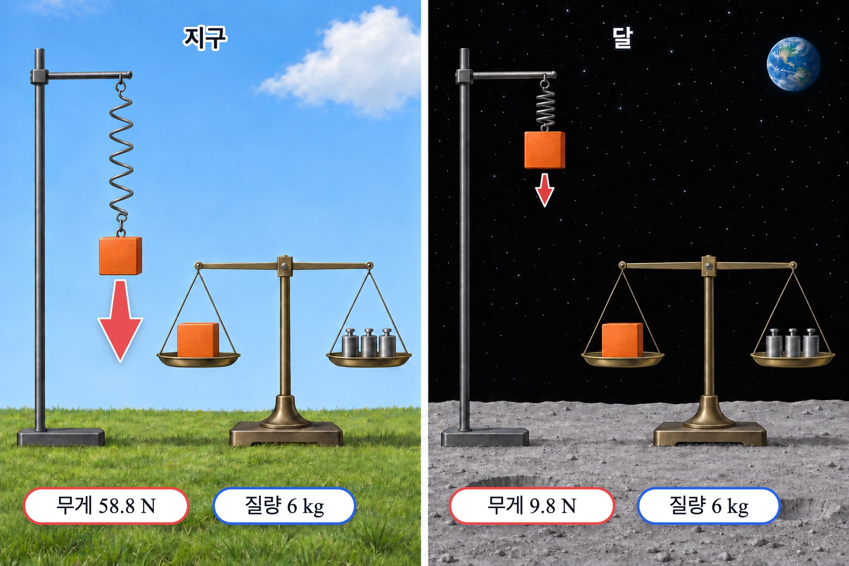 지구와 달에서 잰 무게와 질량 — 같은 물체를 용수철저울에 달면 달에서는 지구의 6분의 1 만 늘어나고, 윗접시저울은 두 곳에서 모두 같은 분동과 수평을 이룬다