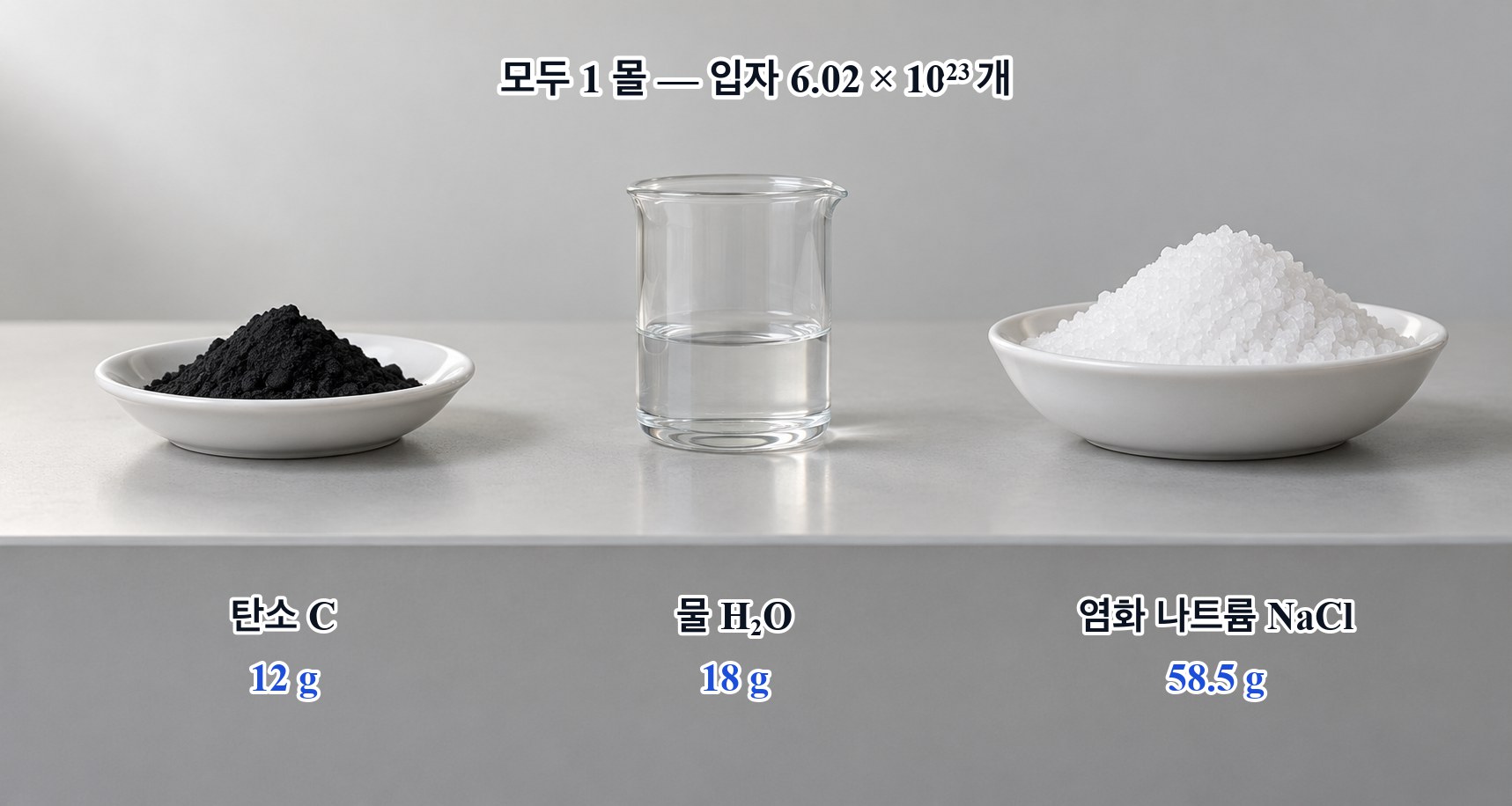 1 몰씩 담은 세 물질 — 탄소 12 g, 물 18 g, 염화 나트륨 58.5 g 에는 모두 6.02 × 10²³ 개의 입자가 들어 있지만 질량은 서로 다르다