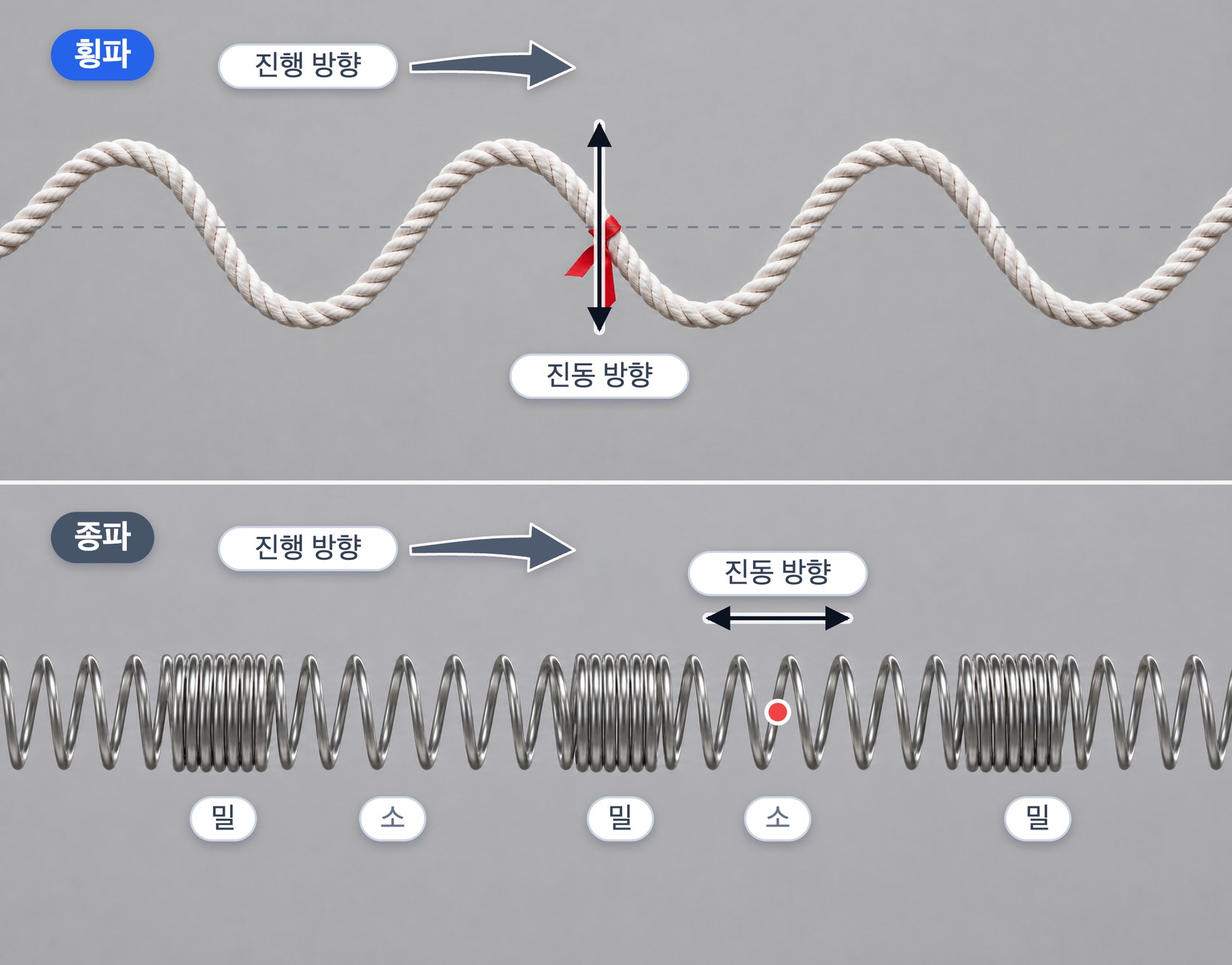 횡파와 종파 — 줄의 파동은 매질이 진행 방향에 수직으로 진동하고(줄에 묶은 리본은 제자리에서 오르내릴 뿐이다), 용수철의 파동은 매질이 진행 방향과 나란히 진동하여 빽빽한 밀과 성긴 소가 번갈아 전해진다