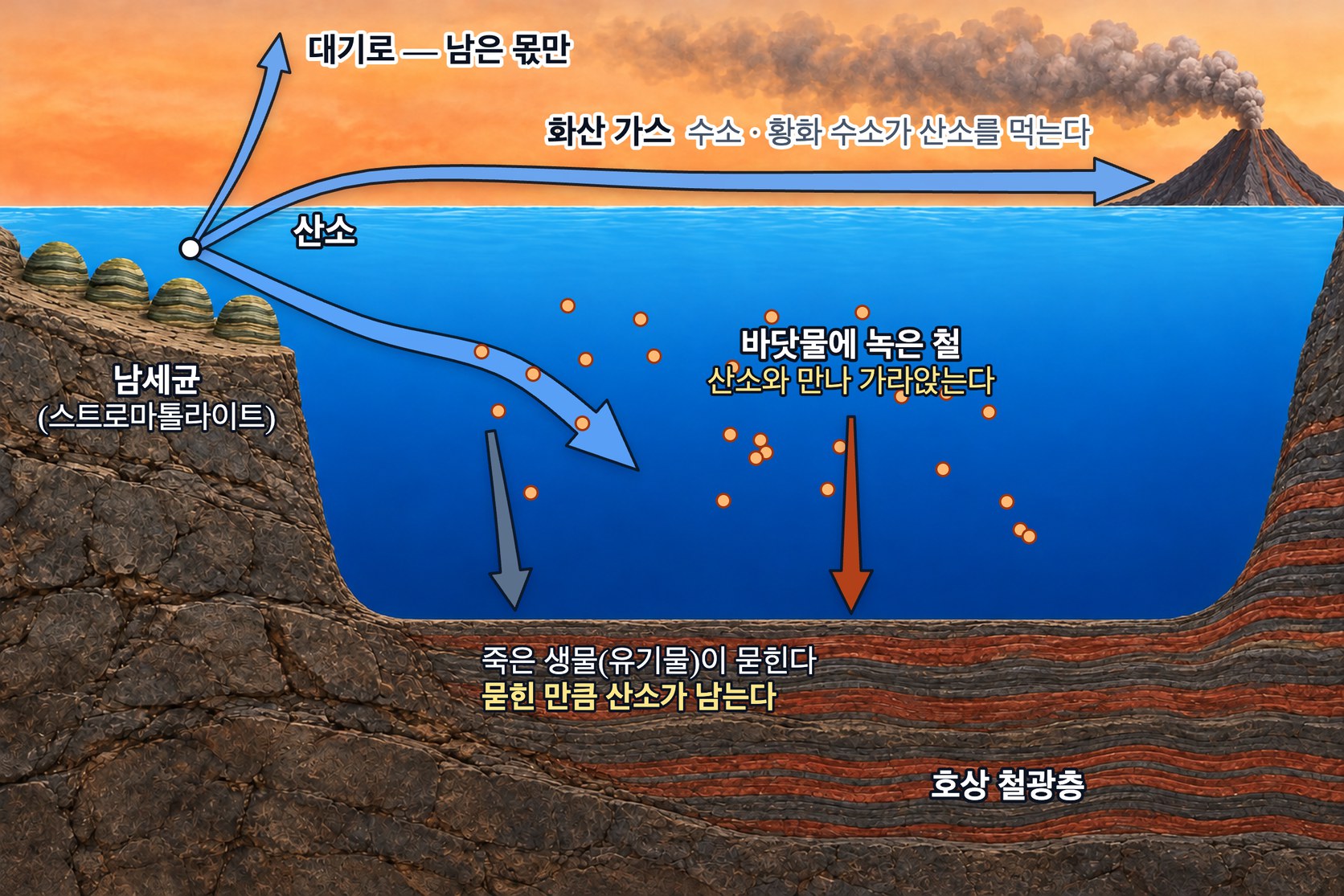 산소의 공급과 흡수 — 남세균이 내놓은 산소는 바다에 녹은 철과 화산 가스에 먼저 쓰이고, 죽은 생물의 유기물이 썩기 전에 퇴적물에 묻힐 때에만 그만큼 남아 대기로 간다