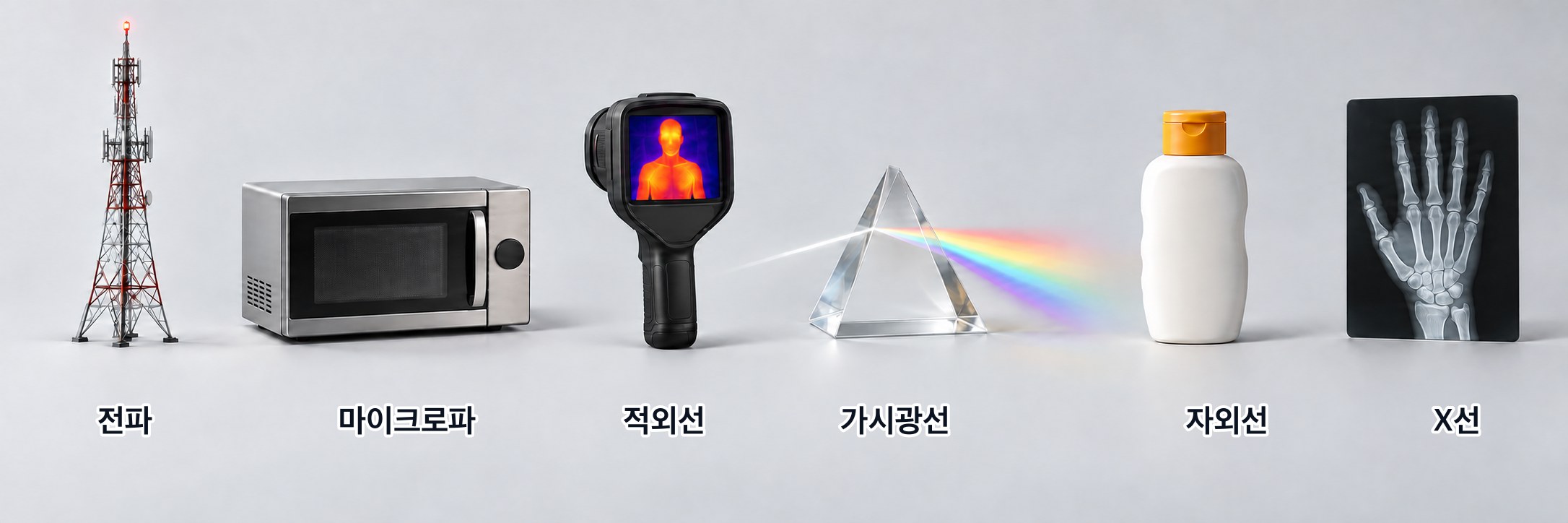 전자기파의 쓰임 — 파장이 긴 쪽부터 라디오 송신탑(전파), 전자레인지(마이크로파), 열화상 카메라(적외선), 프리즘(가시광선), 자외선 차단제(자외선), 손뼈 X선 사진(X선)