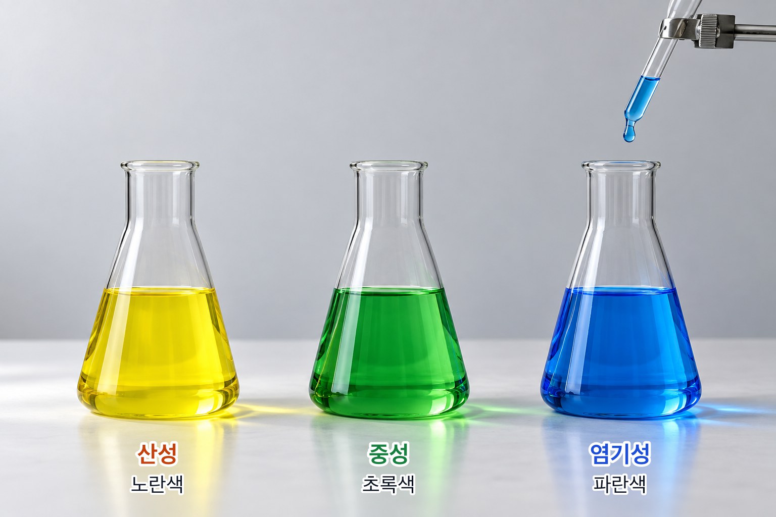 BTB 용액의 색 — 산성에서 노란색, 중성에서 초록색, 염기성에서 파란색