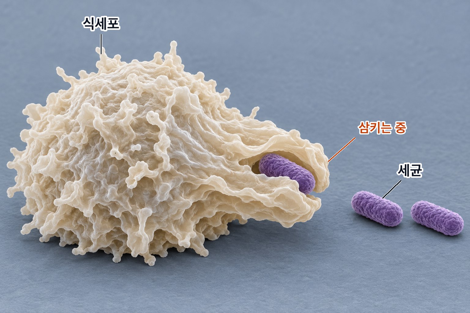 식세포가 막을 뻗어 세균 하나를 감싸 삼키는 중이고, 아직 잡히지 않은 세균 둘이 옆에 놓여 있다 — 병원체를 통째로 삼켜 분해하는 식세포 작용