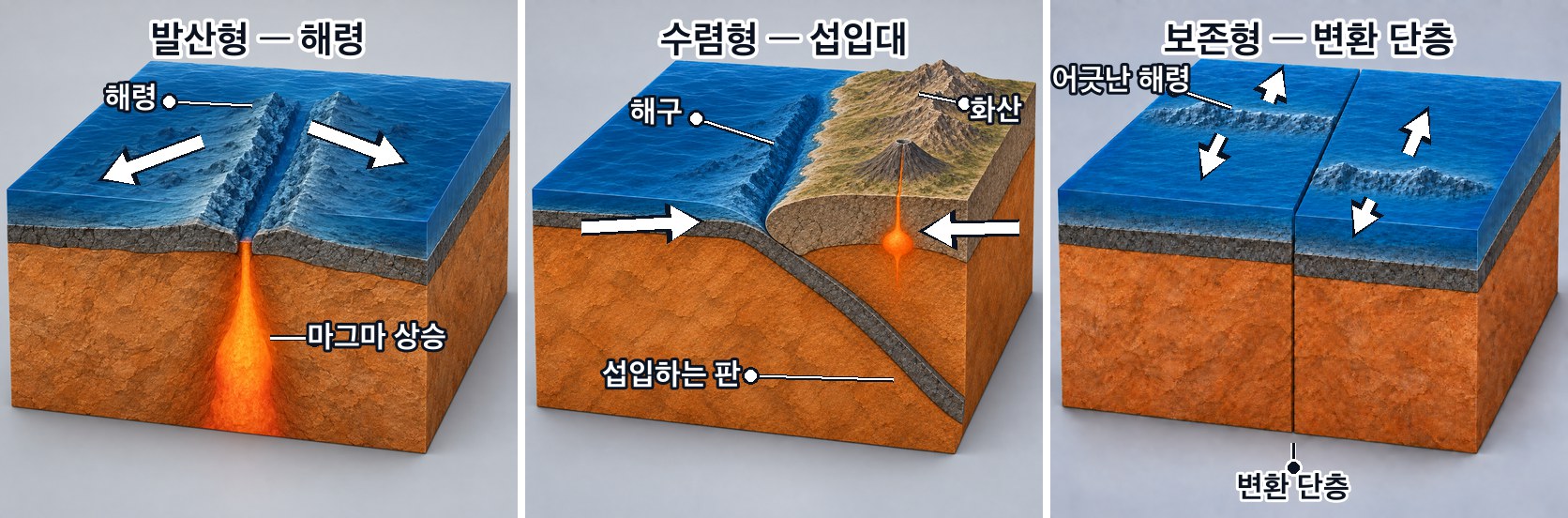 판 경계 세 종류의 입체 단면 — 발산형은 해령에서 판이 멀어지고, 수렴형은 해양판이 대륙판 아래로 들어가며, 보존형은 어긋난 두 해령에서 판이 각각 양옆으로 벌어지고 그 사이에서 두 판이 서로 반대로 스쳐 지나간다