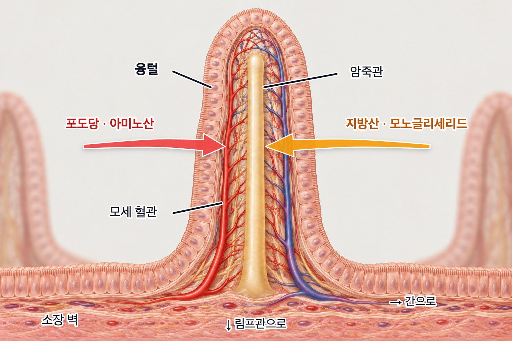 소장 융털의 단면 — 융털 가운데에 암죽관이 있고 그 둘레를 모세 혈관이 감싸며, 포도당·아미노산은 모세 혈관으로, 지방산과 모노글리세리드는 암죽관으로 흡수된다