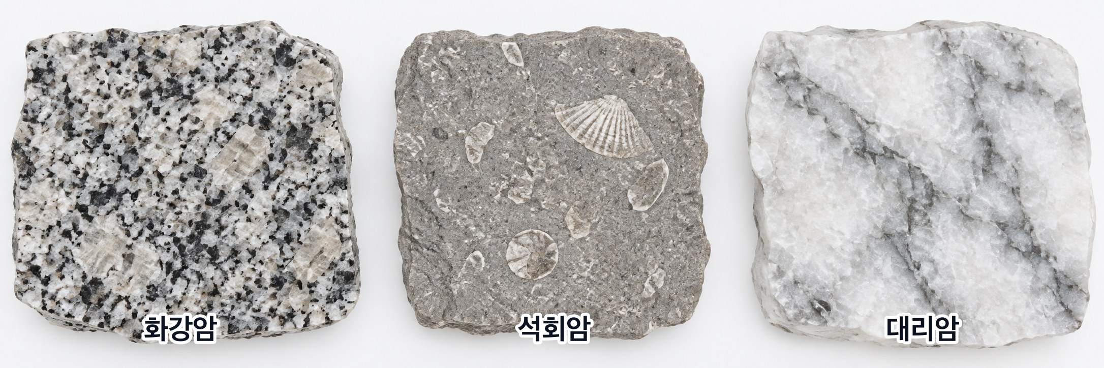화강암 · 석회암 · 대리암 표본 — 화강암은 흰색·회색·검은색 결정이 맞물린 화성암, 석회암은 조개 화석 조각이 든 회색 퇴적암, 대리암은 석회암이 변성되어 화석이 사라지고 흰 바탕에 회색 결이 난 변성암이다