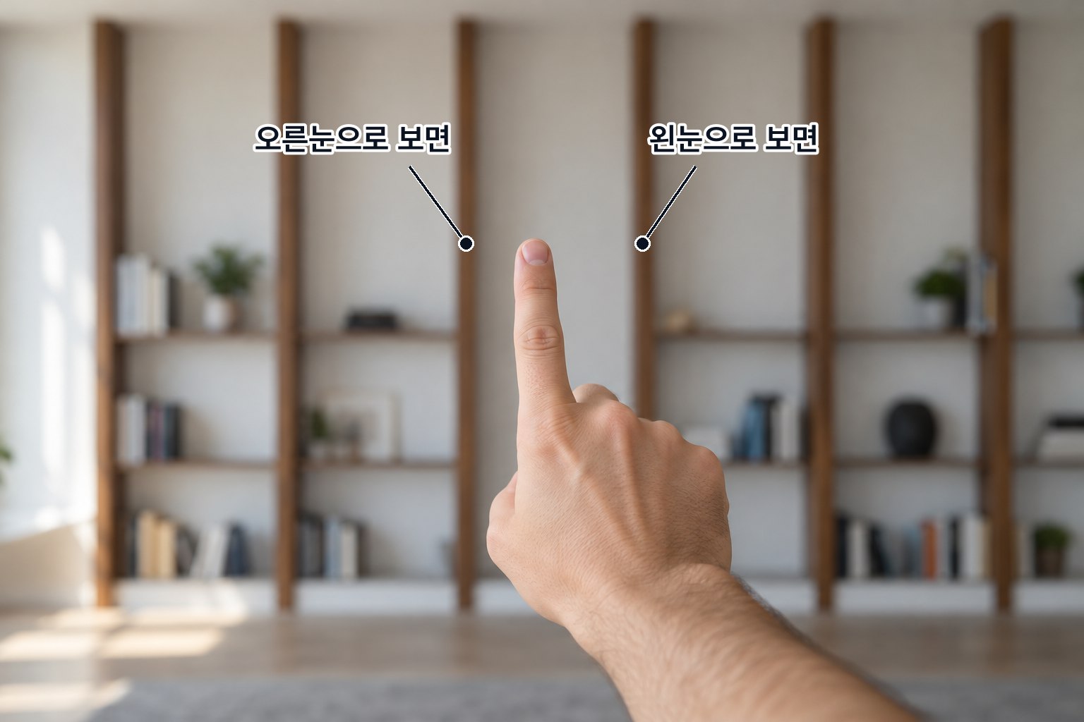 팔을 뻗어 세운 손가락을 한 눈씩 번갈아 보면 뒤의 책장 기둥에 대고 손가락이 왼쪽 오른쪽으로 옮겨 보인다 — 보는 자리가 바뀌어 생기는 시차