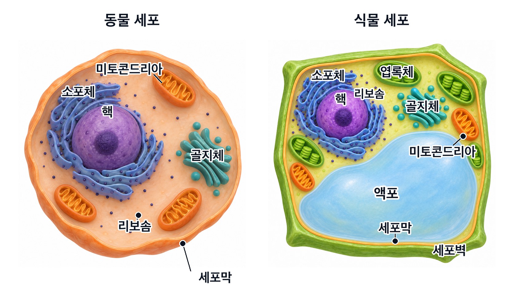 동물 세포와 식물 세포의 구조 — 둘 다 핵·미토콘드리아·리보솜·소포체·골지체·세포막을 갖고, 식물 세포에는 세포벽·엽록체·큰 액포가 더 있다