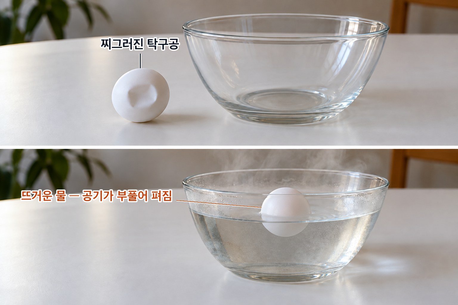 찌그러진 탁구공을 뜨거운 물에 넣으면 안의 공기가 데워져 부풀면서 찌그러진 자리를 밀어 펴낸다