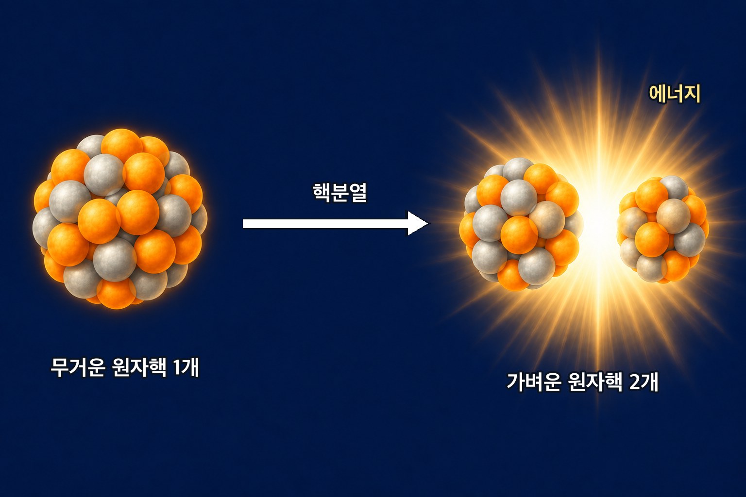 핵분열 — 작은 알갱이가 빽빽이 뭉친 무거운 원자핵 하나가 크기가 다른 두 조각으로 갈라지고, 갈라진 자리에서 빛이 터져 나온다