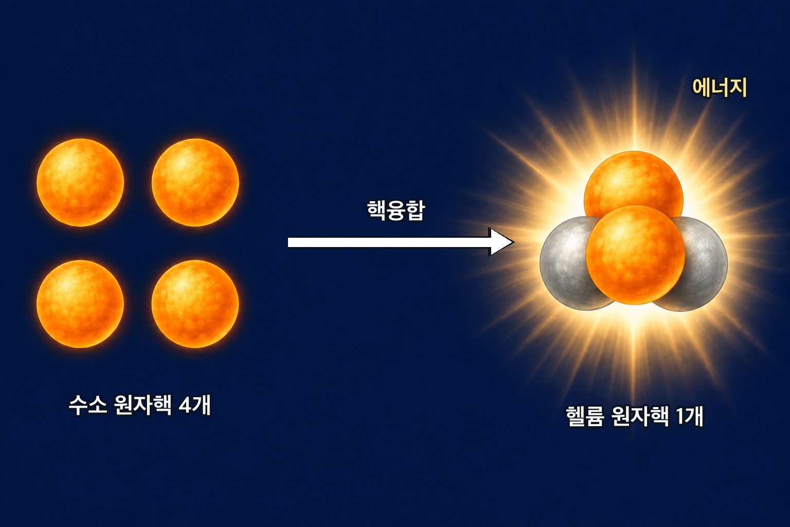 수소 원자핵 넷이 헬륨 원자핵 하나가 되는 핵융합 — 왼쪽의 떨어져 있던 네 개가 오른쪽에서 서로 모두 맞닿은 정사면체 덩이 하나로 뭉치고(양성자 둘 · 중성자 둘), 그 순간 사방으로 빛이 터져 나온다