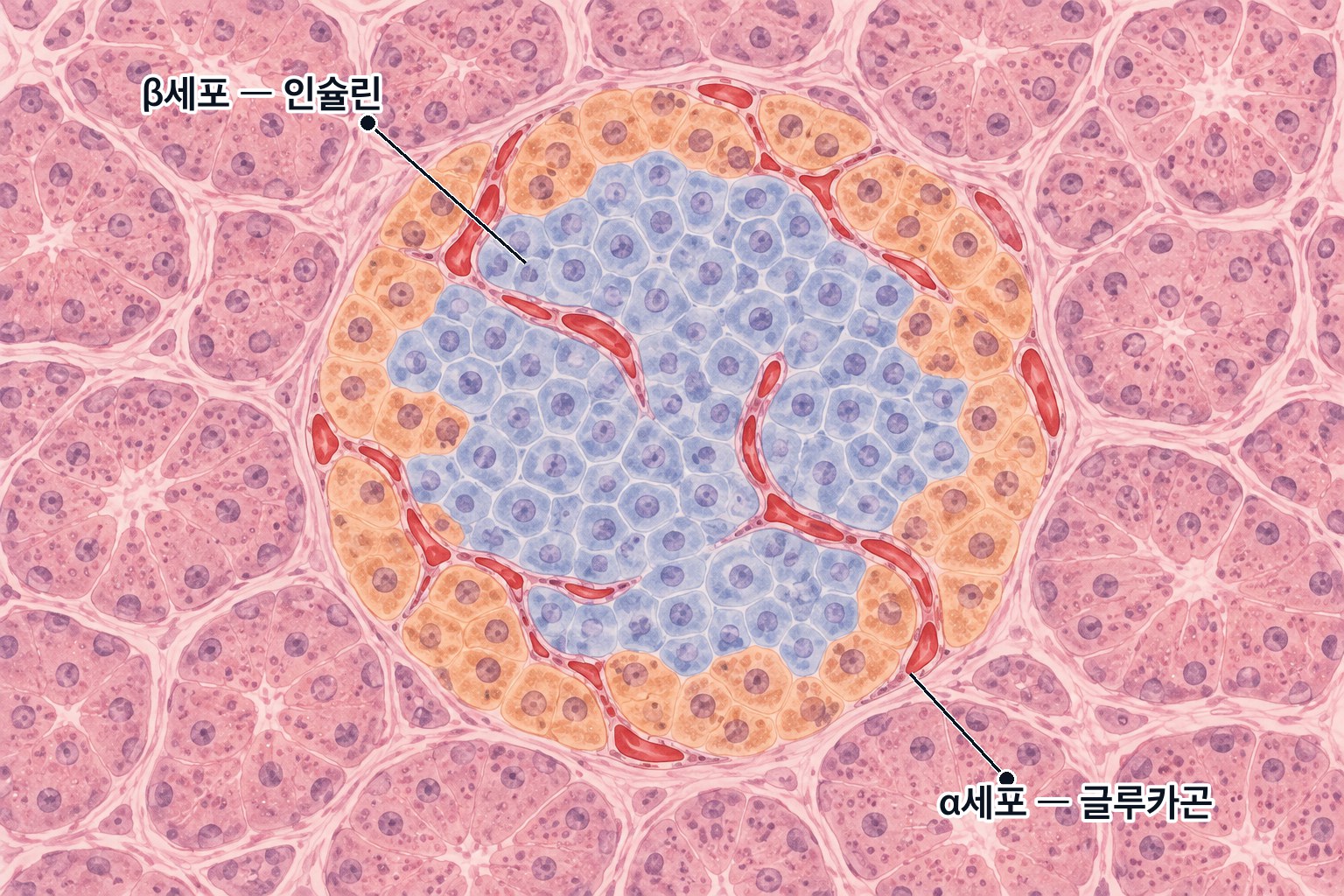 이자섬의 확대 — 둥근 세포 무리의 가운데를 채운 β세포는 인슐린을, 가장자리를 두른 α세포는 글루카곤을 내고, 붉은 모세혈관이 그 사이를 지난다