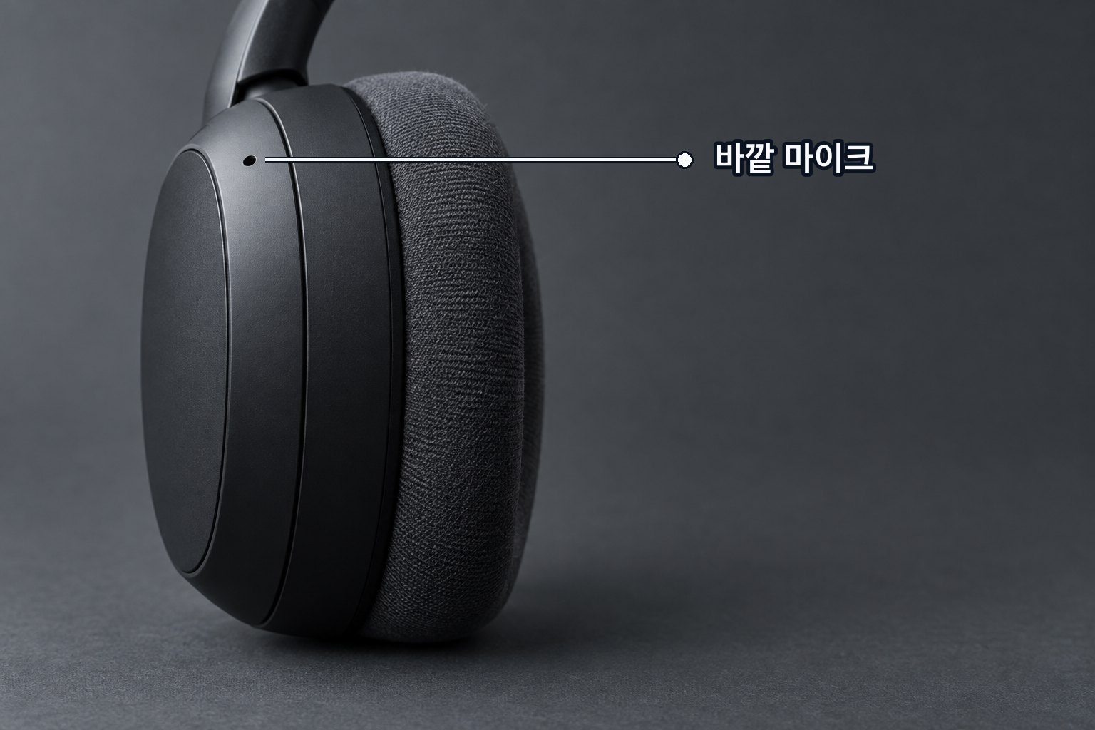 소음 제거 헤드폰의 귀덮개를 옆에서 본 모습 — 바깥 껍데기에 소음을 먼저 듣는 작은 마이크 구멍이 뚫려 있다