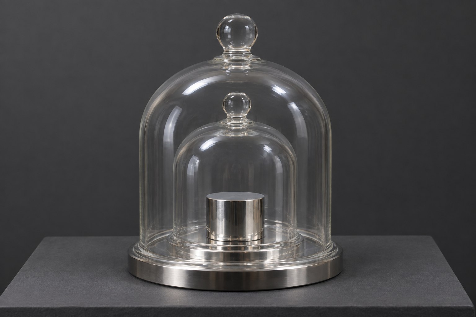 두 겹의 유리 종 안에 보관된 국제 킬로그램 원기 — 키와 지름이 비슷한 뭉툭한 백금·이리듐 원기둥 하나가 거울처럼 닦인 받침 위에 놓여 있고, 이 금속 덩어리 하나가 오랫동안 세상의 1 킬로그램 기준이었다