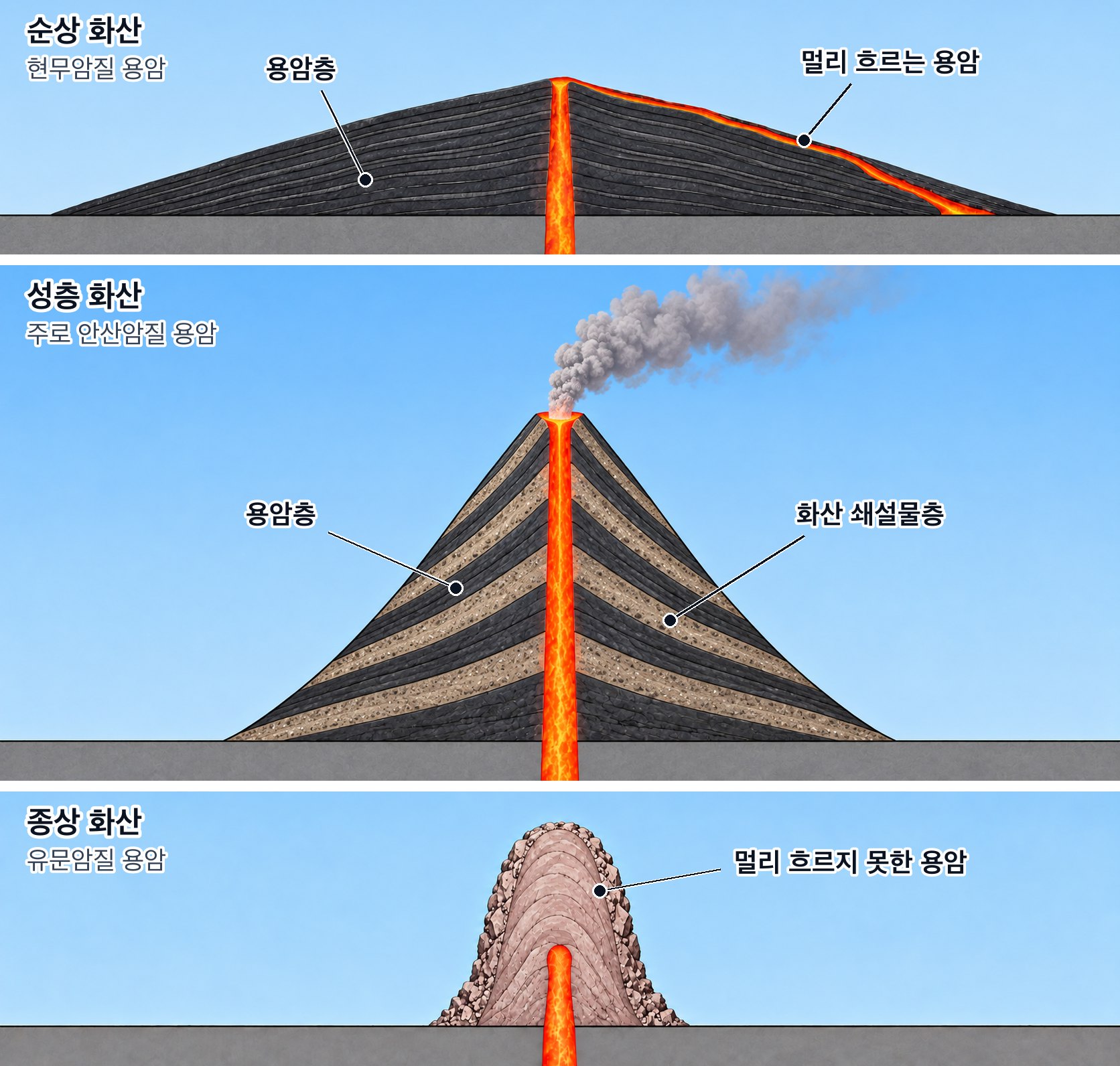 화산의 종류 — 점성이 작은 용암이 넓게 퍼져 쌓인 완만한 순상 화산, 용암과 화산 쇄설물이 번갈아 쌓인 원뿔 모양의 성층 화산, 점성이 큰 용암이 화구 위에 솟은 종상 화산의 단면