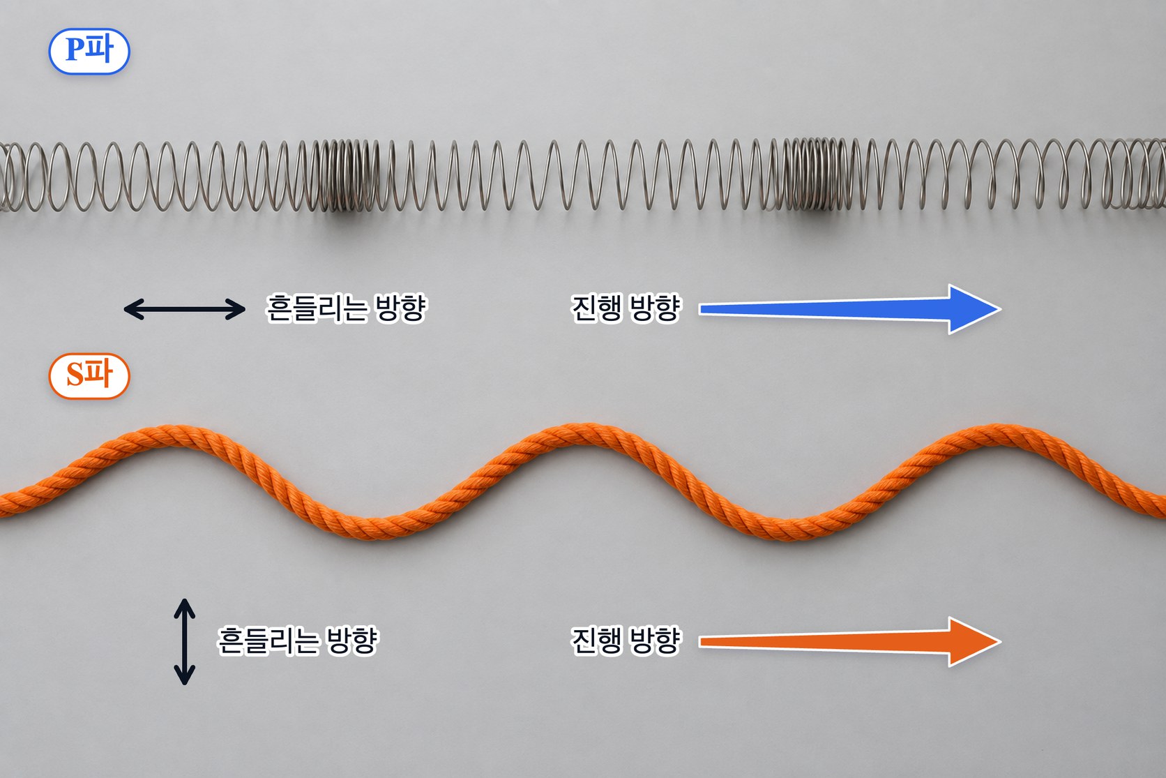 P파와 S파가 매질을 흔드는 방향 — P파는 진행 방향과 나란히 밀고 당겨 매질이 빽빽해졌다 성겨지고, S파는 진행 방향에 수직으로 흔들어 매질이 위아래로 물결친다