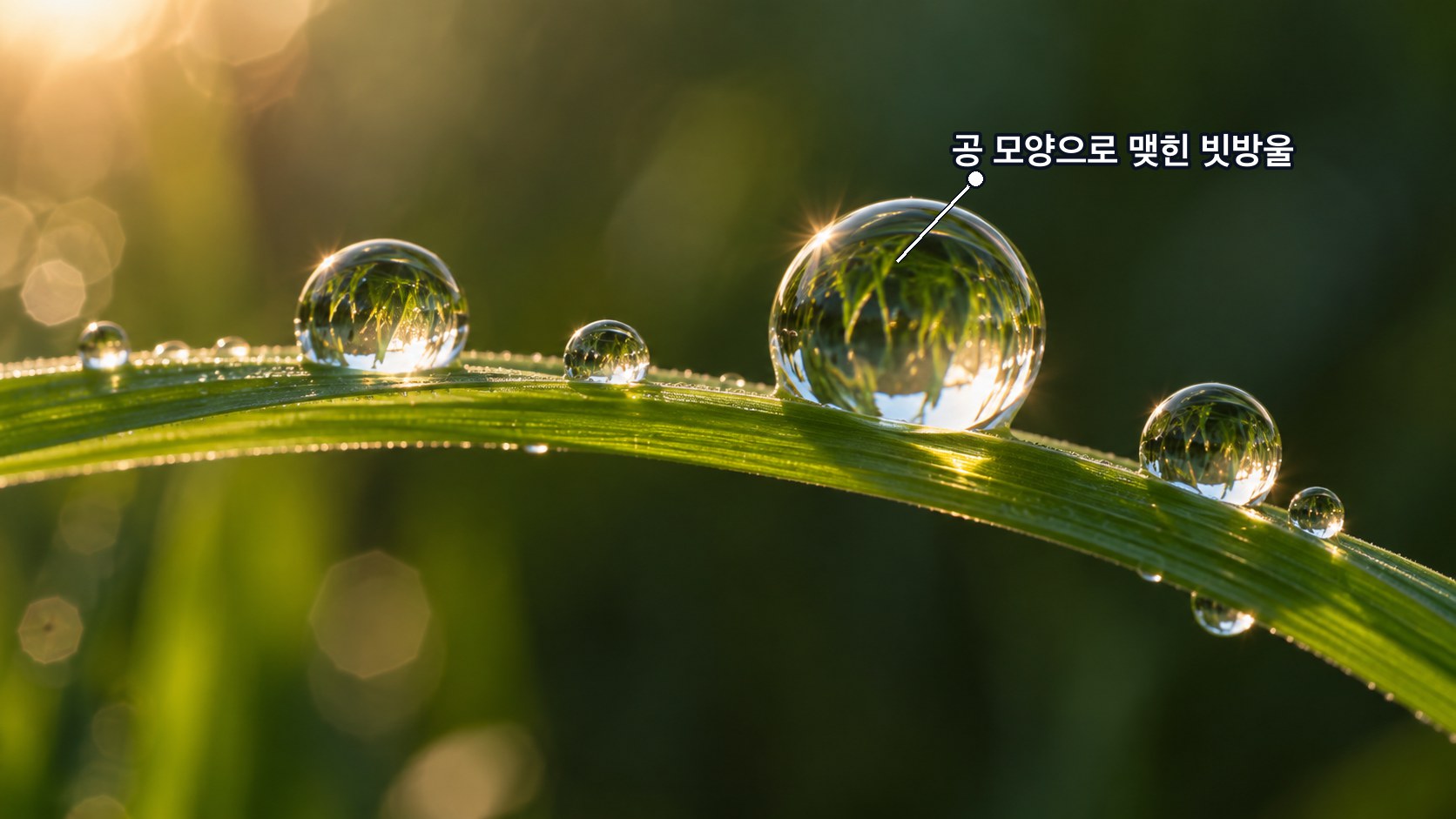 햇빛을 등지고 풀잎에 맺힌 물방울들 — 저마다 공 모양으로 둥글게 맺혀 렌즈처럼 빛난다