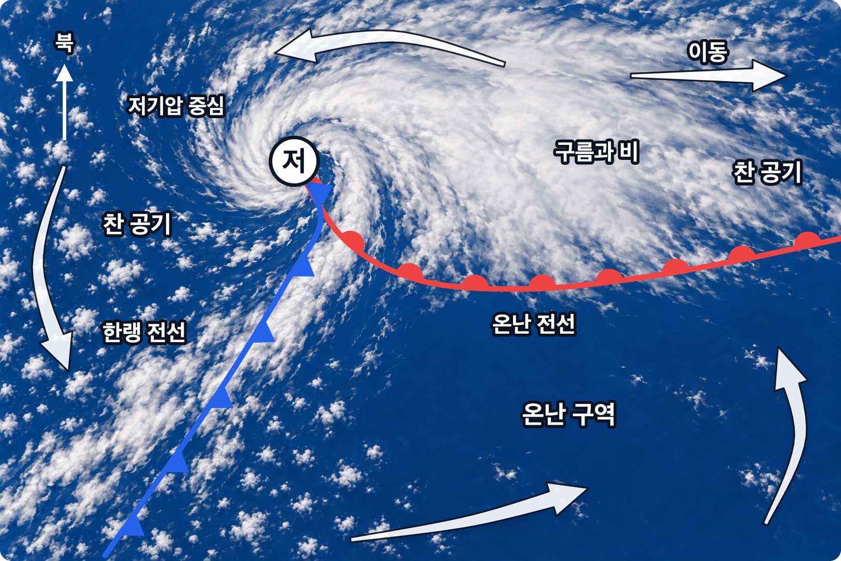 온대 저기압의 평면도 — 저기압 중심에서 남동쪽으로 온난 전선, 남서쪽으로 한랭 전선이 뻗고 그 사이가 온난 구역이며 저기압 전체가 동쪽으로 이동한다