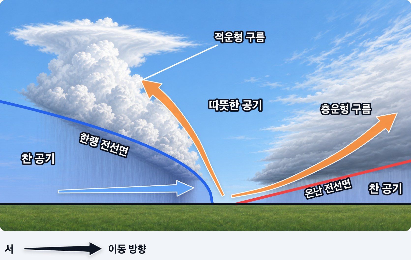 온대 저기압의 연직 단면 — 오른쪽 온난 전선면은 경사가 완만해 층운형 구름과 넓은 약한 비를, 왼쪽 한랭 전선면은 경사가 급해 적운형 구름과 좁은 소나기를 만든다