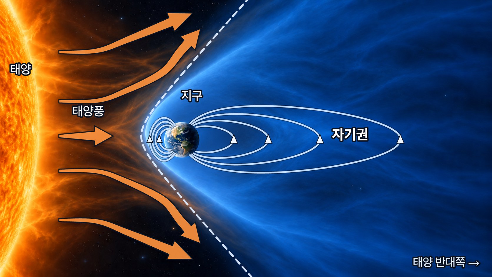 태양풍과 지구 자기권 — 태양에서 불어오는 태양풍이 지구 자기장에 막혀 비켜 흐르고, 자기권은 태양 쪽이 눌리고 반대쪽으로 길게 늘어진다