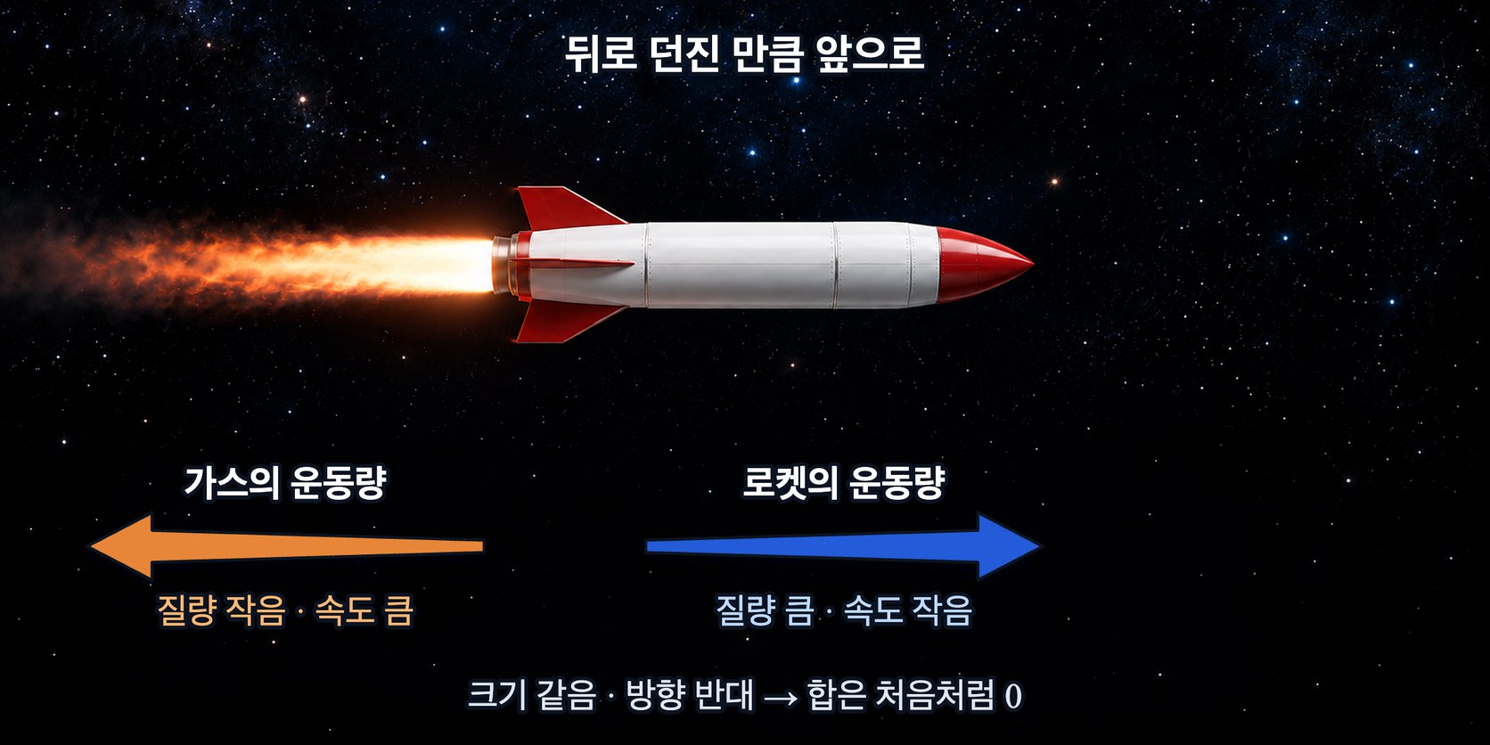 우주에서 가스를 뒤로 뿜는 로켓 — 뒤로 던진 가스의 운동량과 앞으로 얻은 로켓의 운동량이 크기가 같고 방향이 반대라 합은 0 이다