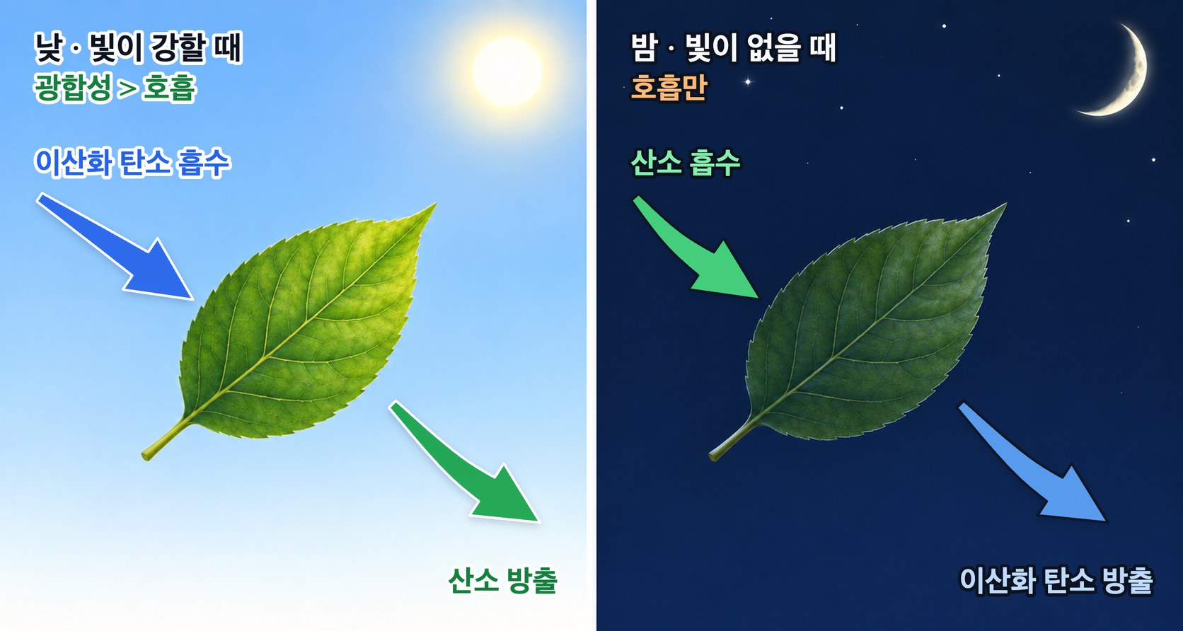 낮과 밤 잎의 기체 출입 — 빛이 강한 낮에는 광합성량이 호흡량보다 많아 잎이 이산화 탄소를 흡수하고 산소를 내보내며, 밤에는 호흡만 일어나 산소를 흡수하고 이산화 탄소를 내보낸다