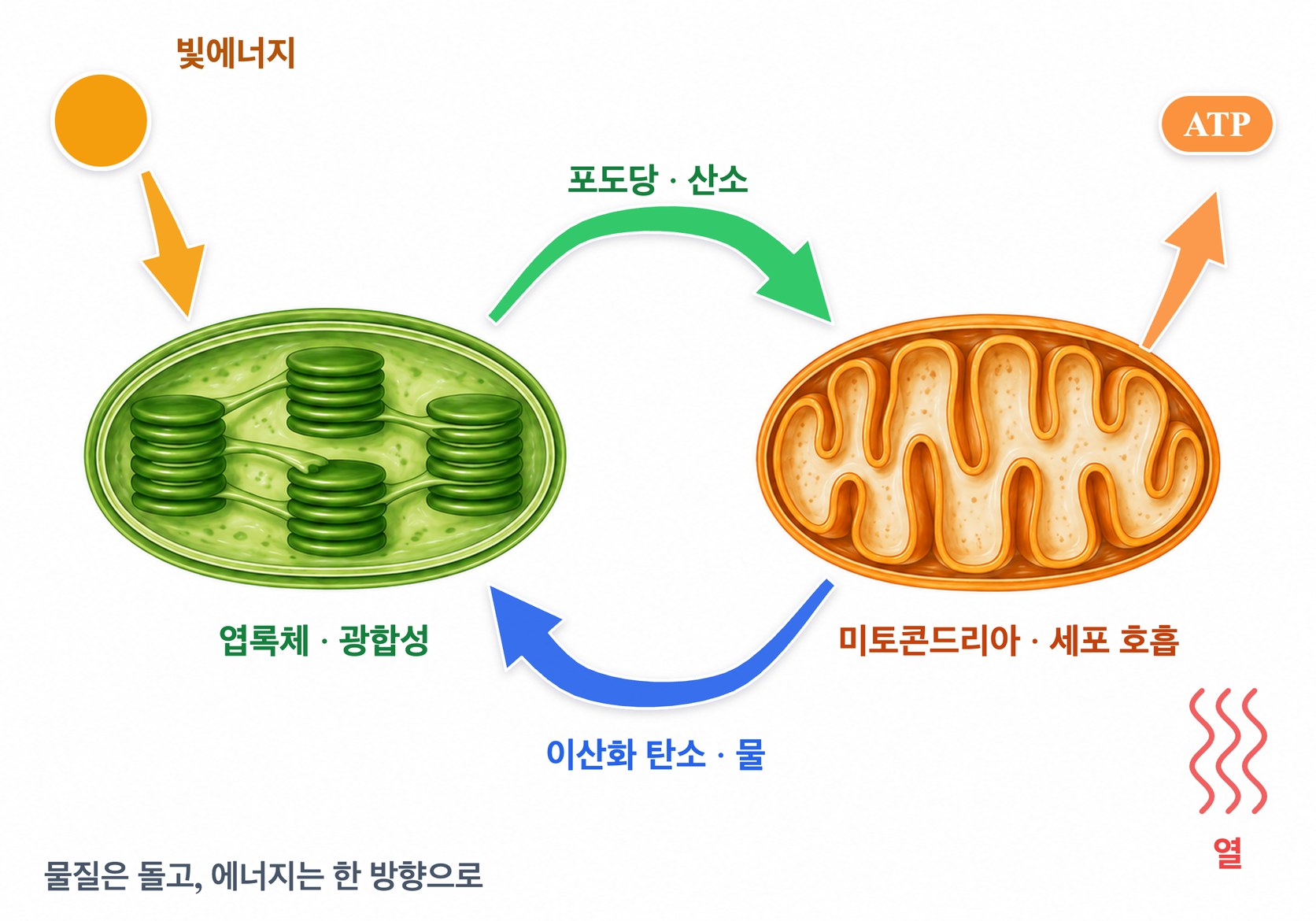 엽록체와 미토콘드리아 사이의 물질과 에너지 흐름 — 엽록체는 빛에너지로 이산화 탄소와 물에서 포도당과 산소를 만들고, 미토콘드리아는 포도당과 산소를 이산화 탄소와 물로 분해하며 ATP 와 열을 낸다